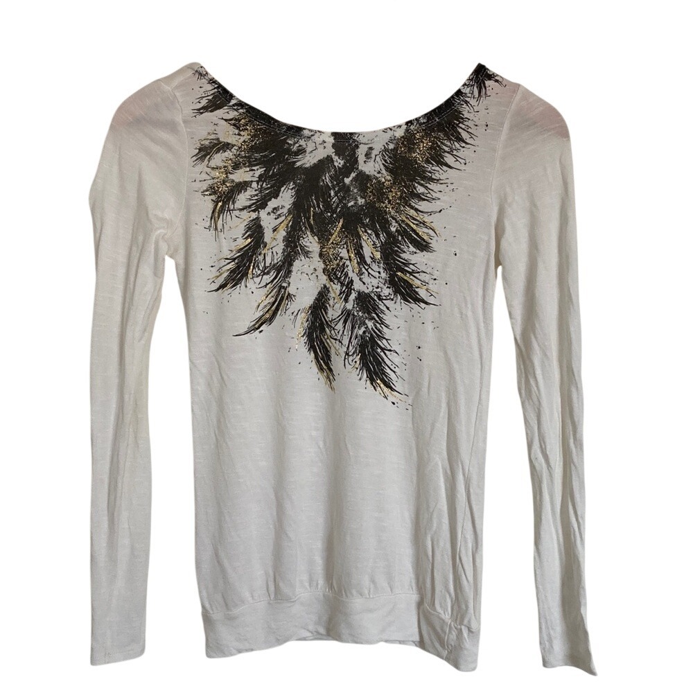 Miley Cyrus Max Azria Womens Y2k‎ White Feather Print Long Sleeve Top Size XS